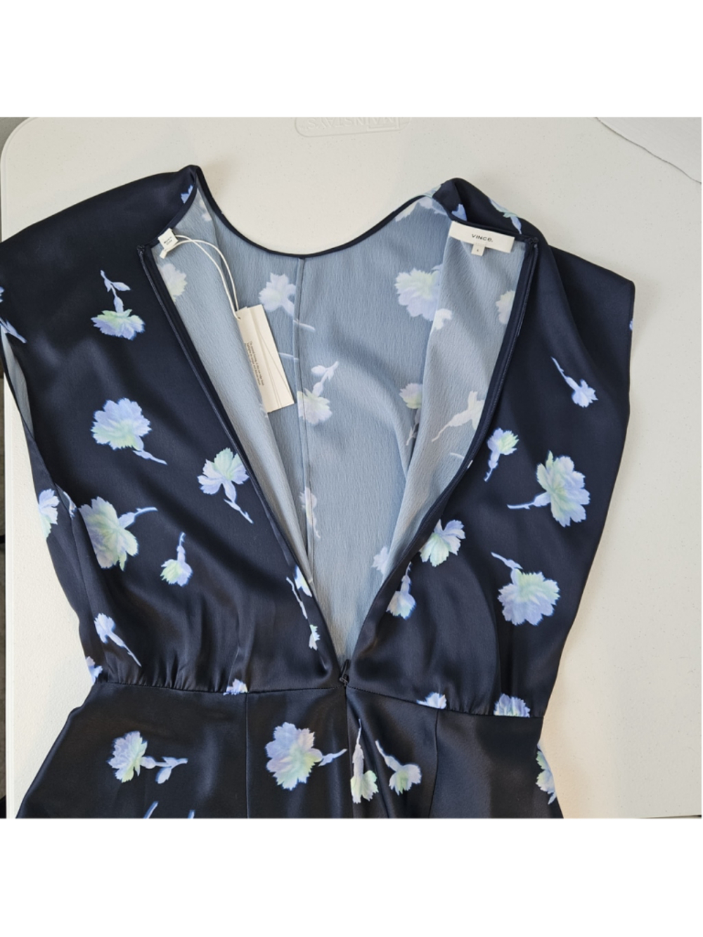Vince Sea Carnation Cap Sleeve Dress Size 6 *Flaw* Blue Floral Print - Picture 7 of 15